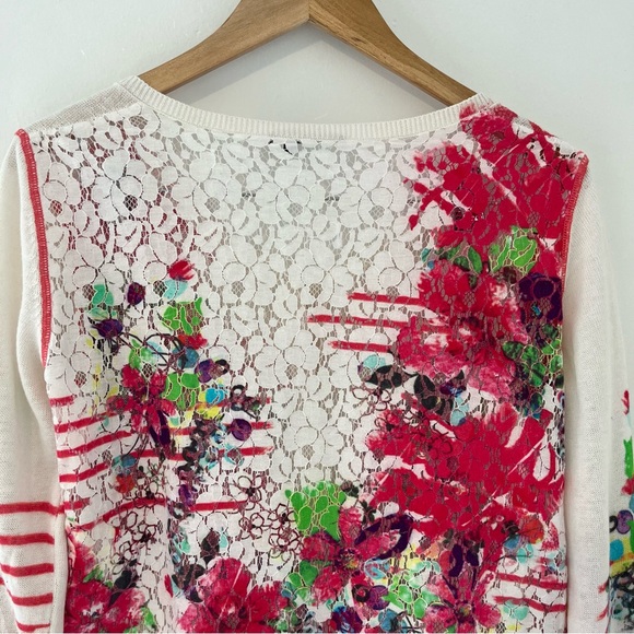 Floral Lace-Back Button Front Cardigan Sweater - White & Red Linen Blend - Picture 5 of 15